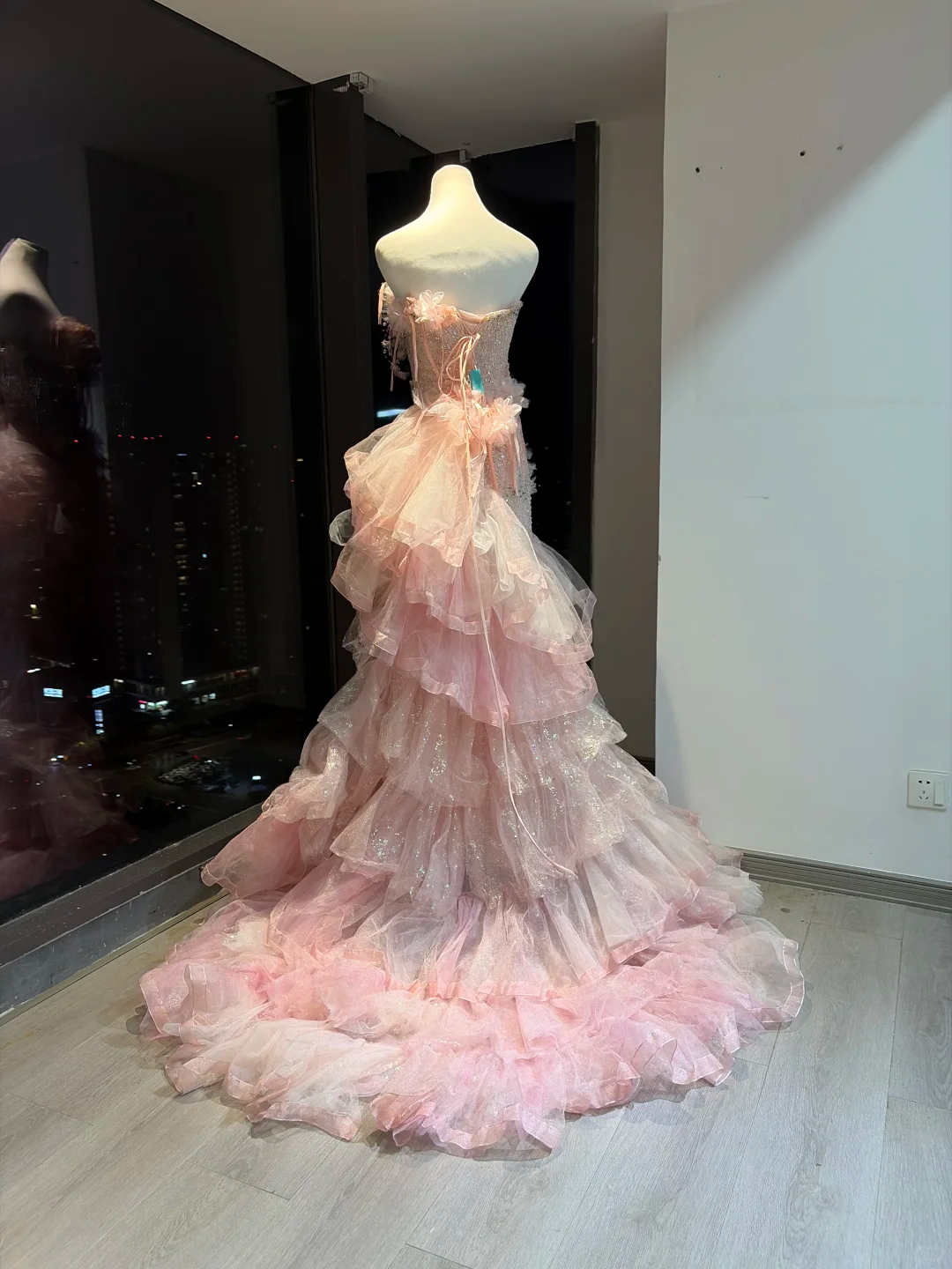 Pink Strapless Mermaid Dress 3D Floral Tiered Glitter Tulle Long Train Fairy Prom Gown  NV6936