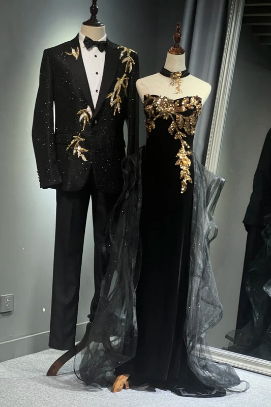 Robe de bal longue en tulle noir et or NV6626