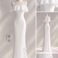 White Off Shoulder Chiffon Ruffle Mermaid Prom Dress, Spaghetti Strap Side Slit Evening Gown  NV7444