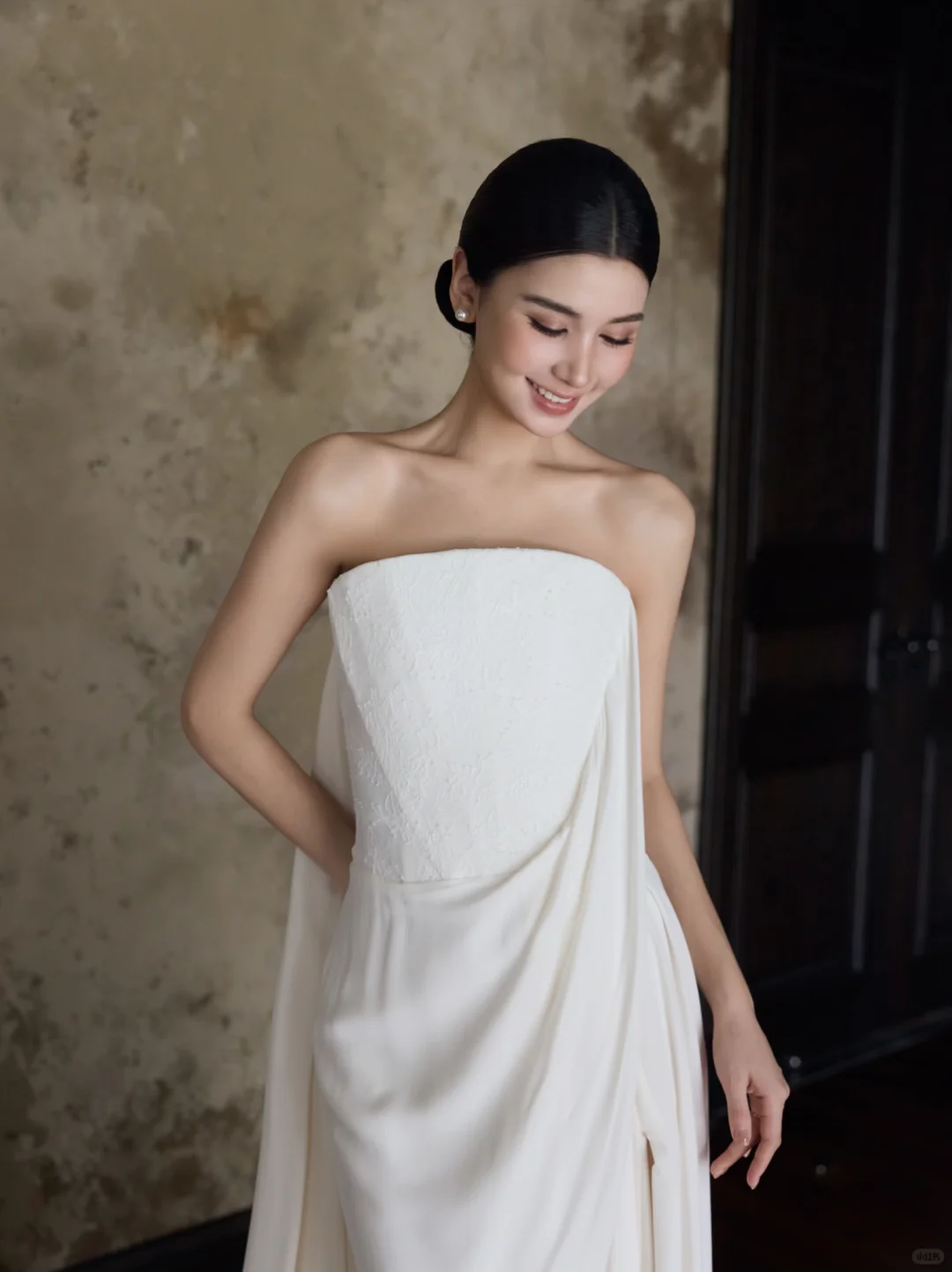 Ivory Strapless Chiffon Mermaid Wedding Gown with Draped Train  NV7197