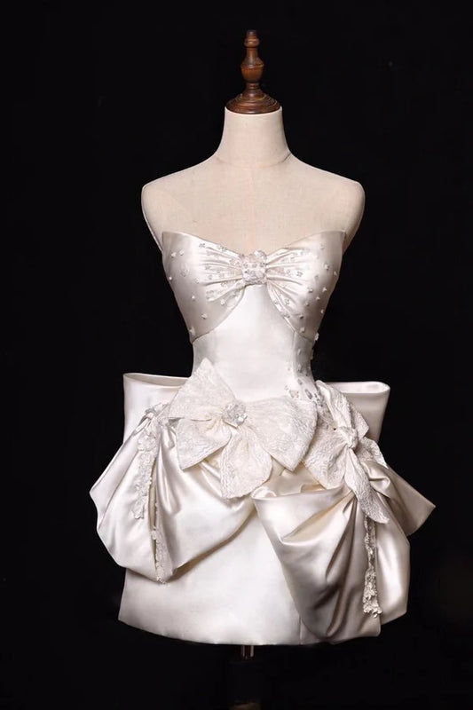 White exquisite beading fashion short satin homecoming dress birthday party dress nv5284
