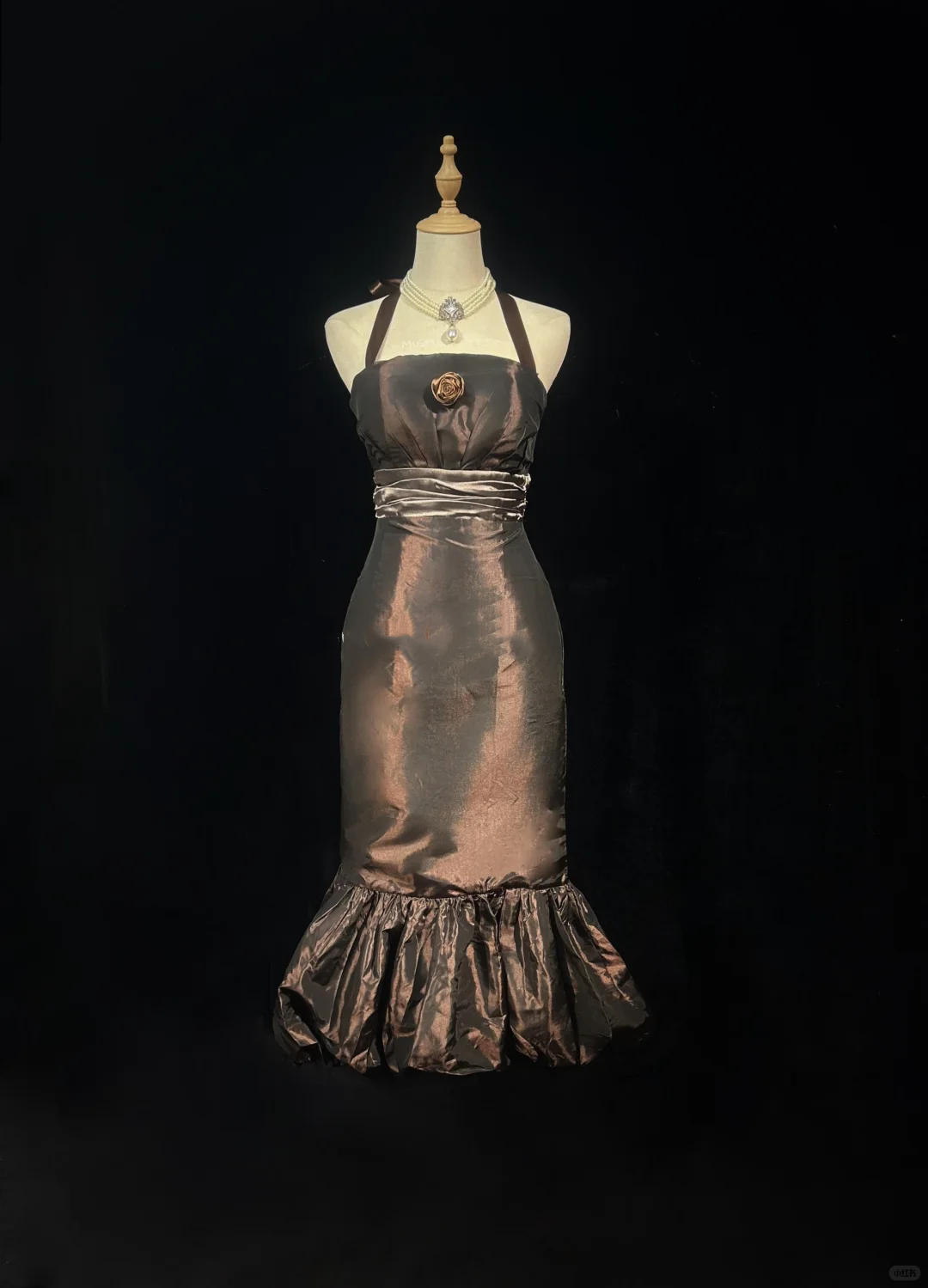 Halter Bronze Vintage Midi Prom Dress Shiny Taffeta 3D Fabric Rose Ruffled Mermaid Hem Formal Gown  NV6897