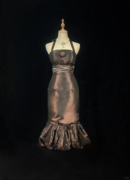 Halter Bronze Vintage Midi Prom Dress Shiny Taffeta 3D Fabric Rose Ruffled Mermaid Hem Formal Gown  NV6897