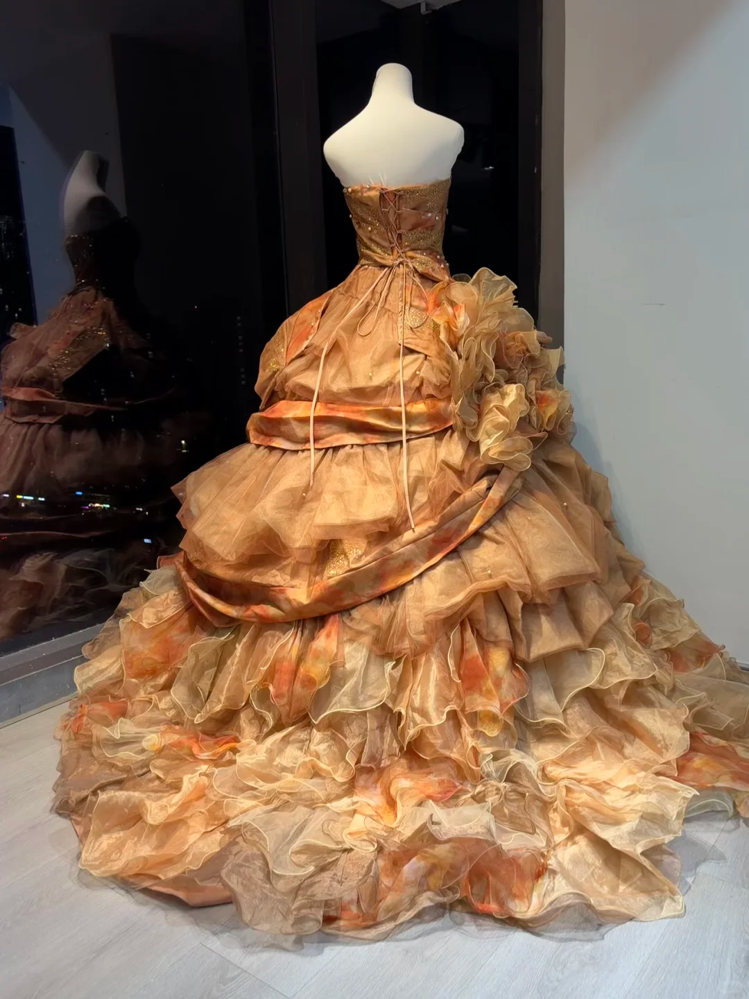 Caramel Orange Strapless Ball Gown Lace Beaded Corset Ombre Ruffle Tulle 3D Floral Prom Dress  NV6948