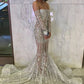 Silver Long Sleeve Off Shoulder Sequin Long Evening Dress Ball Gown Mermaid Slim Sexy Beaded Crystal nv3116