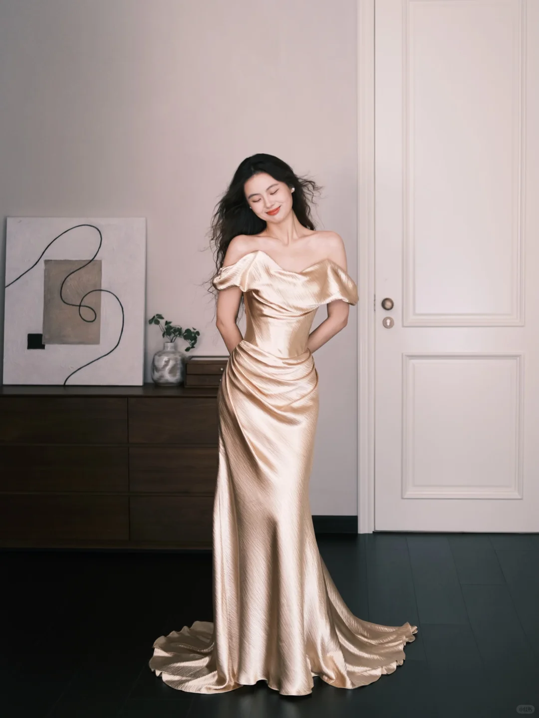 Off Shoulder Draped Satin Mermaid Evening Dress, Champagne Gold Formal Gown  NV7357