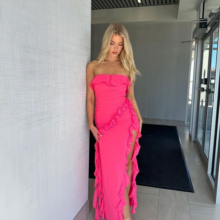 Pink Fashion Elegant Suspender Sleeveless Long Chiffon Ruffle Slit Sexy Ball Gown Holiday Birthday Party Dress Evening Dress Prom Dress nv3953