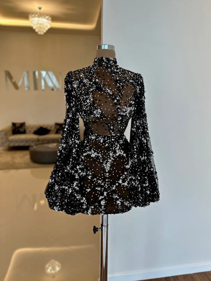 Black gorgeous fashion unique shiny sequins short long sleeve see-through ball gown evening dress party dress nv3232