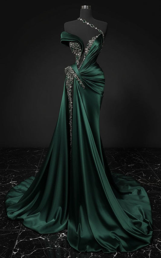 Robe longue en satin vert luxueux ornée de perles exquises NV6685