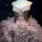 Blush Pink Strapless Mermaid Evening Gown Hand Beaded Rhinestone Sequin 3D Floral Ruffle Tulle Long Prom Dress  NV7013