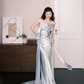 Light Ice Blue Spaghetti Strap Satin Mermaid Prom Dress Cowl Neck Evening Gown  NV7206
