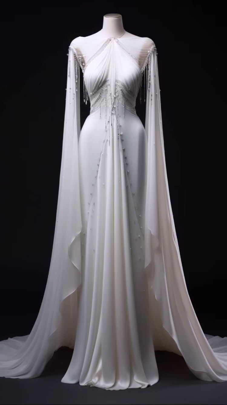 Robe de mariée blanche en satin, col halter, franges et traîne châle perlée NV6233