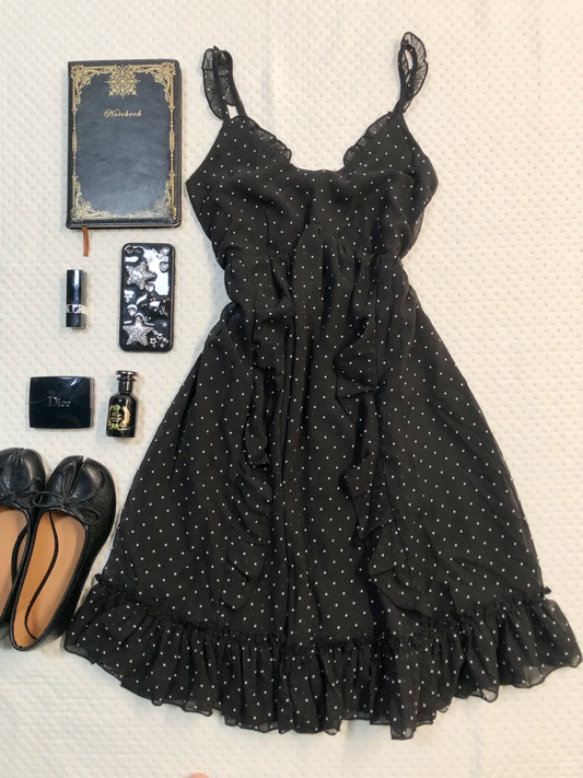 Black White Polka Dot Spaghetti Strap Short Homecoming Dress V Neck Ruffle Chiffon Vintage Cocktail Gown  NV6921