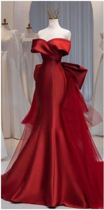 Red stylish elegant off-shoulder long satin ball gown evening dress party dress nv3590
