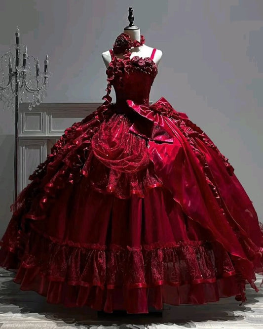 Robe rouge style palais rétro : tissu satiné, jupe à plusieurs volants, robe de soirée NV6436