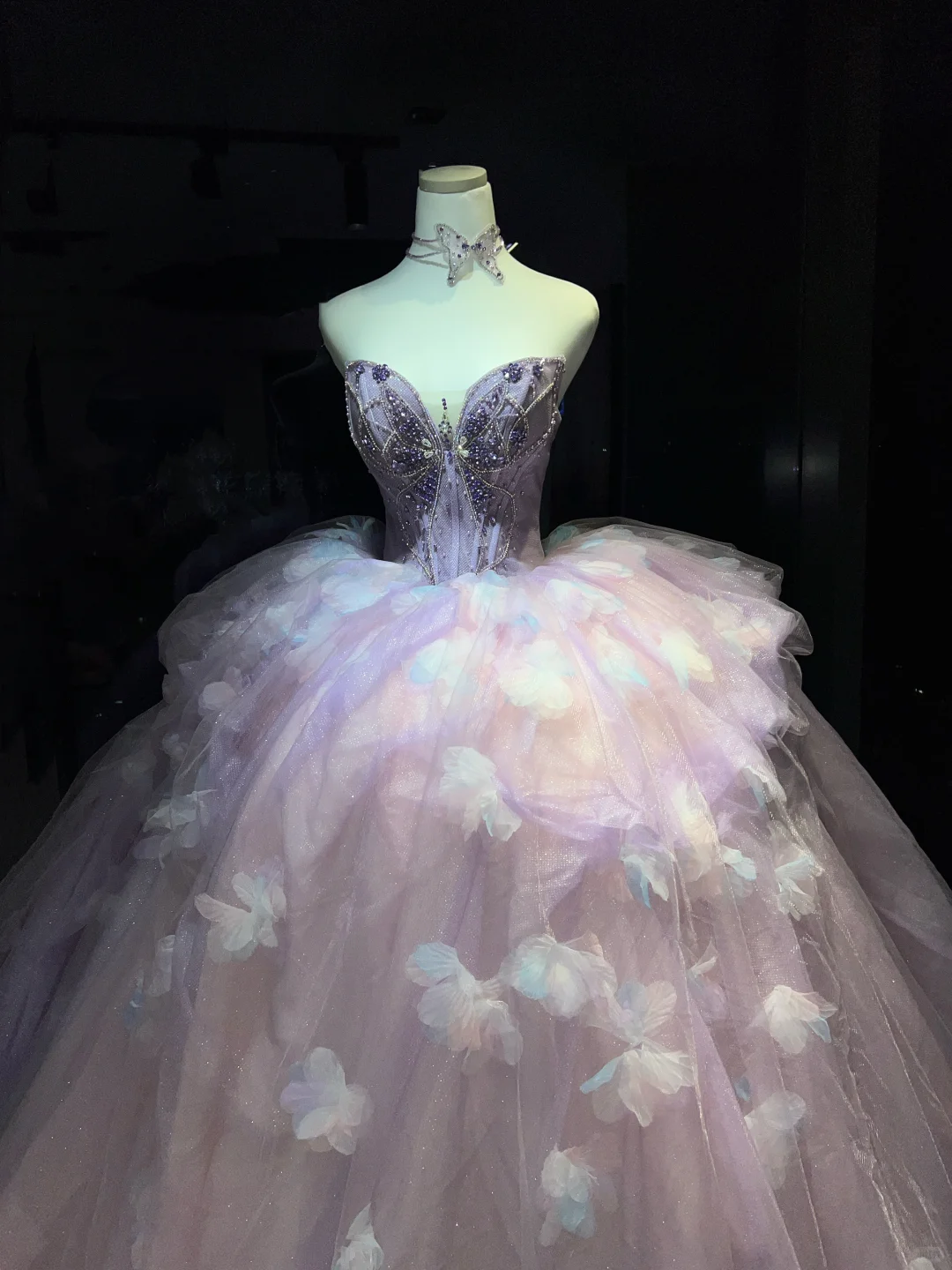 Strapless Lavender Prom Dress Sweetheart Neck Rhinestone Corset 3D Butterfly Tulle Ball Gown  NV7050
