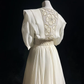 Cream White Vintage Tea Length Prom Dress Round Neck Puff Sleeve Floral Beaded Chiffon A-Line Formal Gown  NV6904