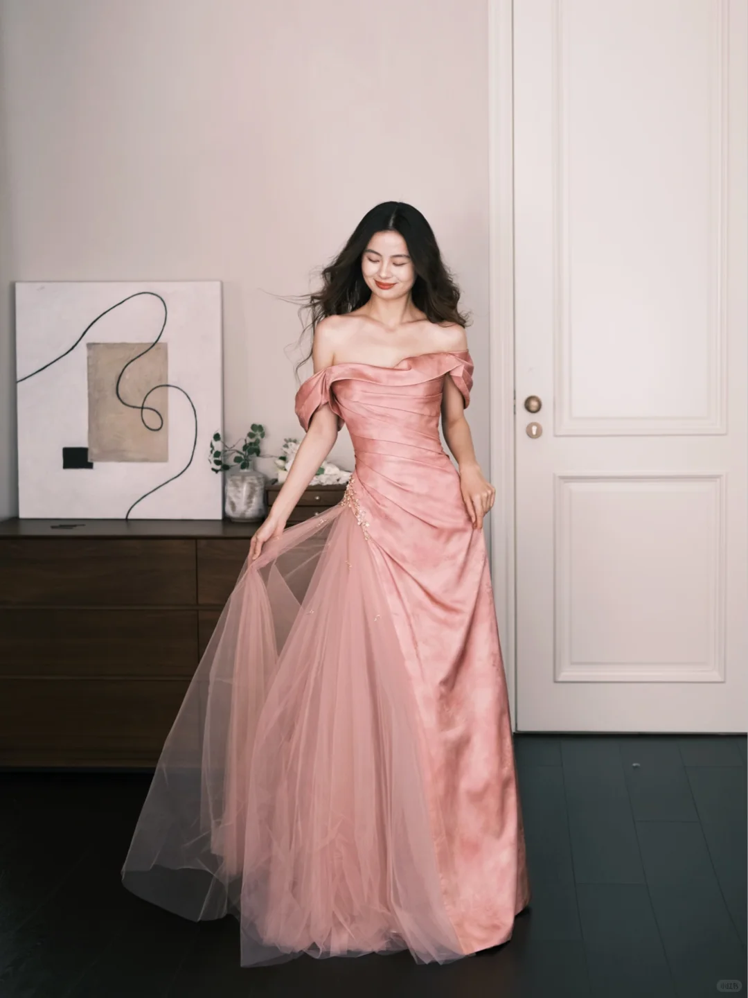Off Shoulder Dusty Pink Satin Tulle Formal Prom Gown  NV7302