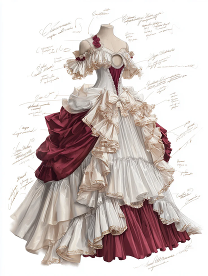 Rococo Victorian Off Shoulder Tiered Ruffle Ball Gown, Ivory Burgundy Prom Dress  NV7403