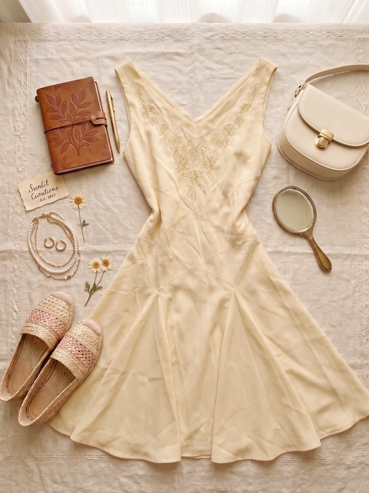 Cream Beige Sleeveless V Neck Short Homecoming Dress Floral Embroidery A-Line Vintage Cocktail Gown  NV6911