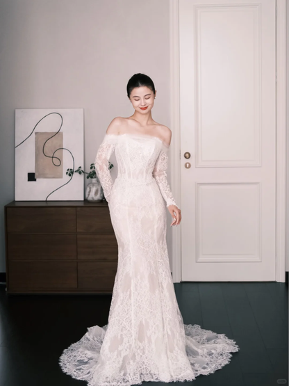 Vintage Lace Mermaid Wedding Dress Off The Shoulder Long Sleeve Bridal Gown  NV7246