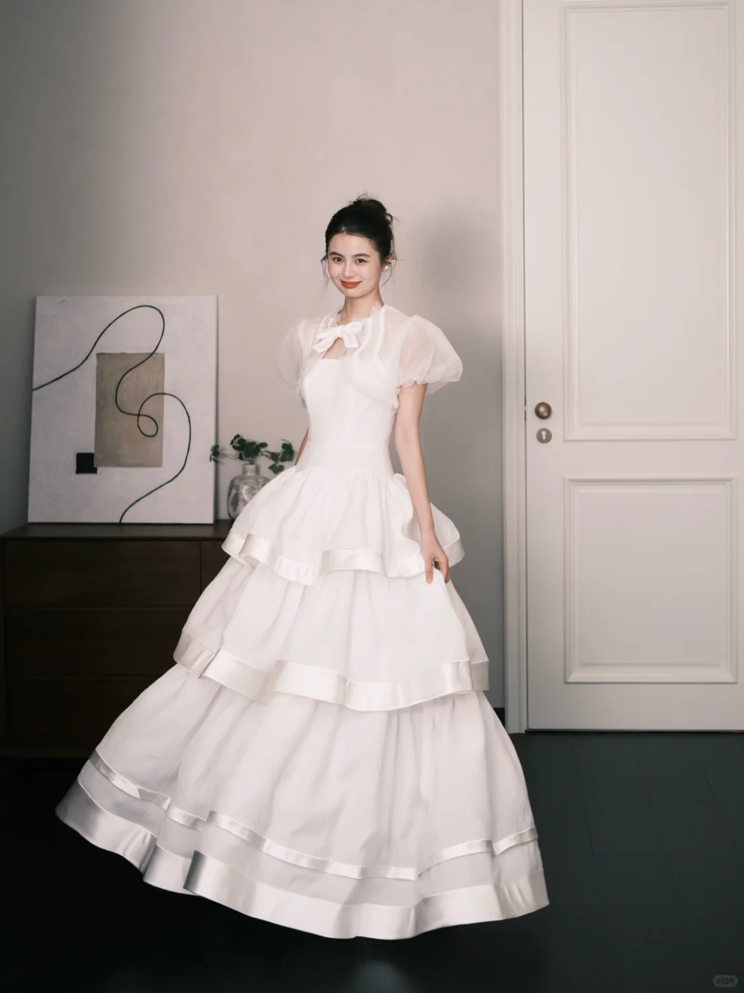 Square Neck Tiered Tulle Wedding Dress with Detachable Puff Sleeves  NV7379