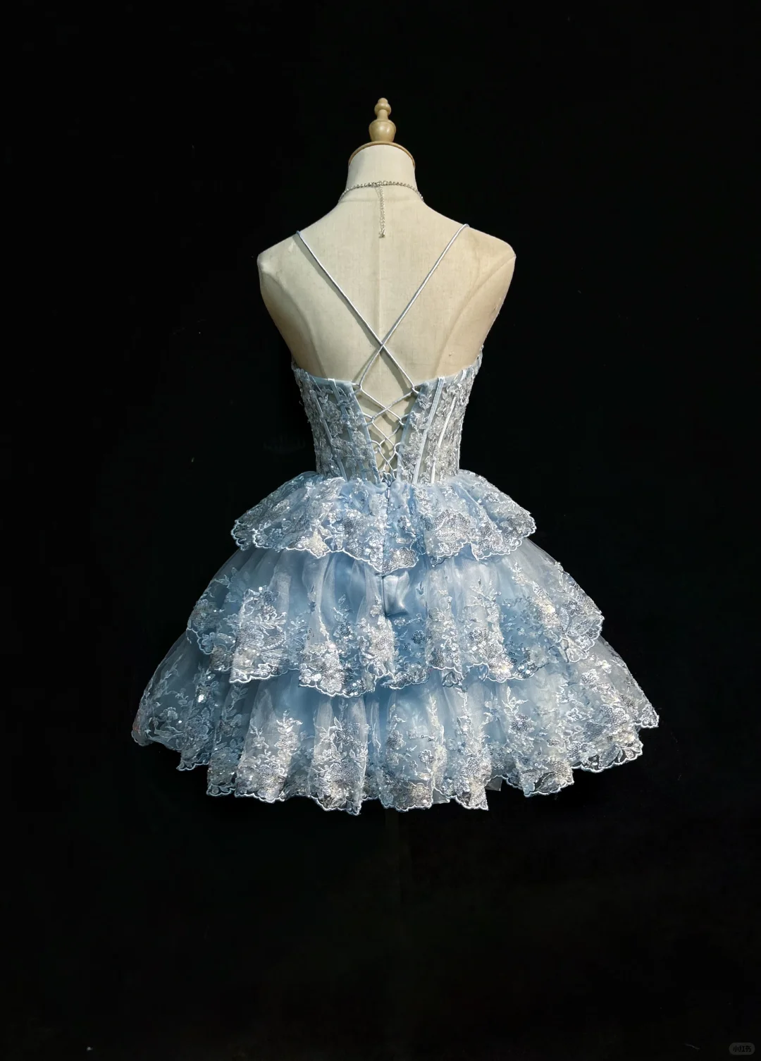 Ice Blue Spaghetti Straps Corset Short Prom Dress 3D Floral Sequin Lace Tiered Ruffle Tulle Mini Formal Gown  NV6890