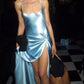 Blue Fashion Elegant Suspender Sexy Slit Long Satin Prom Dress Evening Dress Party Dress Prom Dress nv4028
