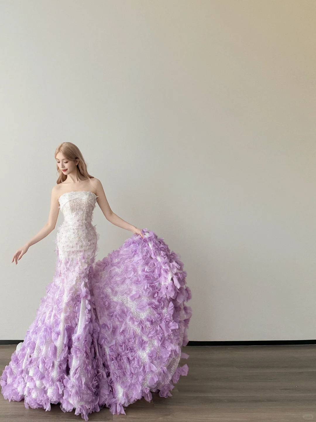 Lavender Ombre Strapless Mermaid Prom Dress 3D Flower Petal Train  NV7140
