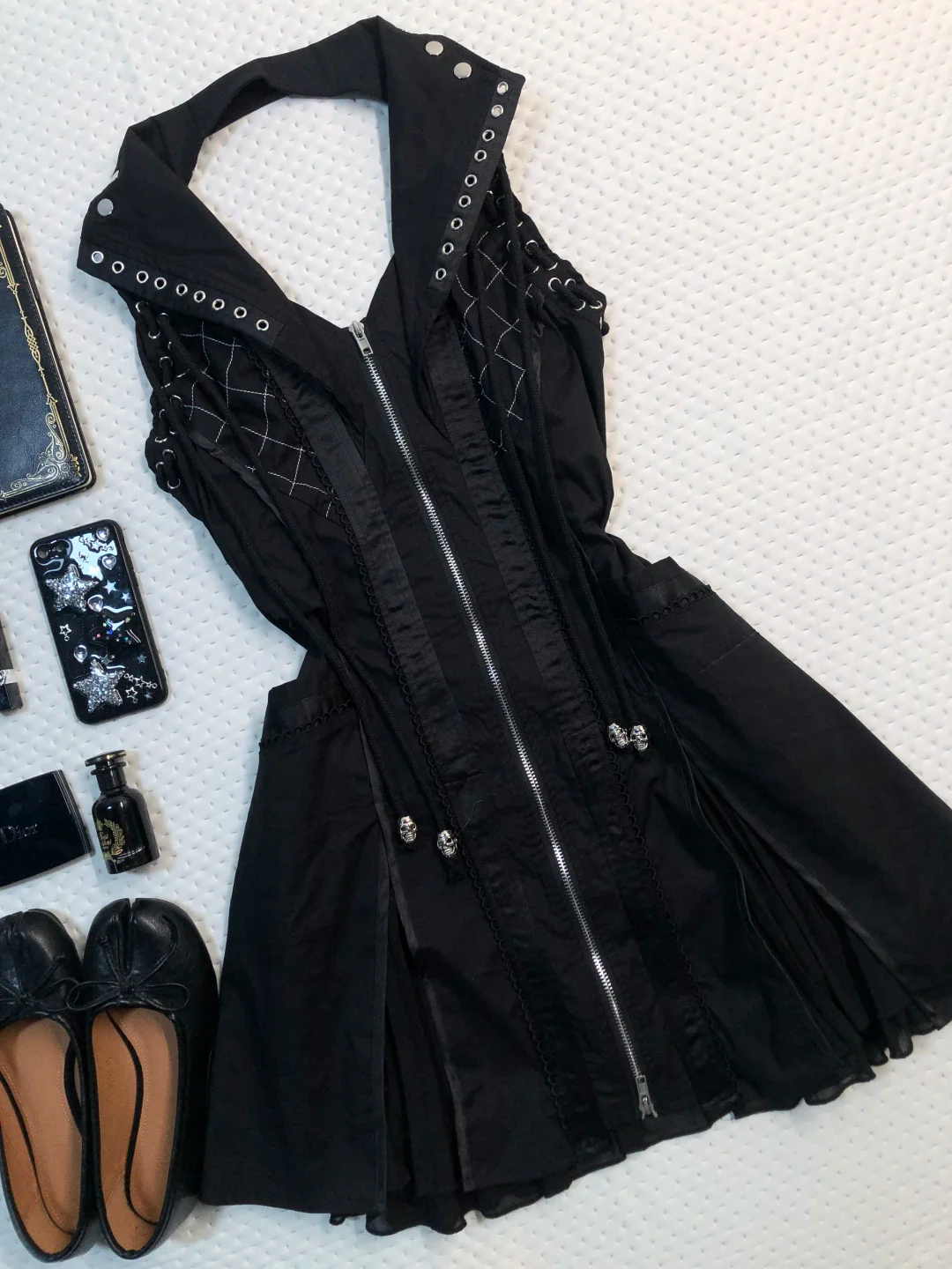 Black Gothic Sleeveless Short Homecoming Dress Halter Collar Lace Up Zipper Punk Cocktail Gown  NV6922