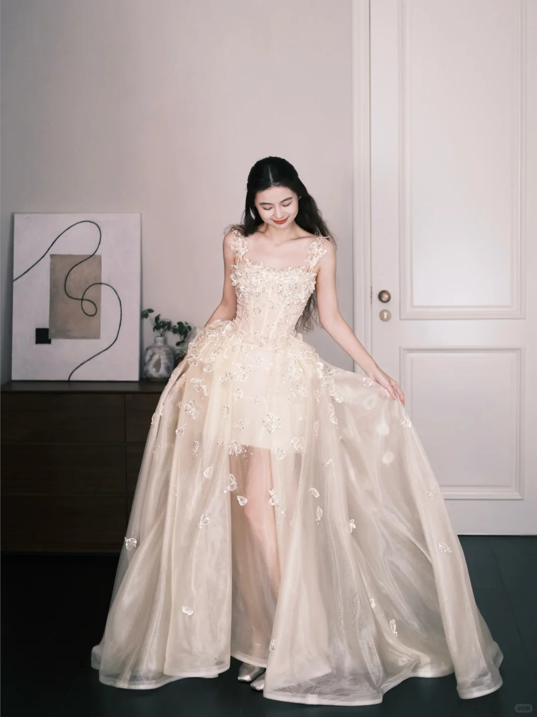 Spaghetti Strap 3D Flower Sheer Tulle Prom Dress, Square Neck Formal Gown  NV7337