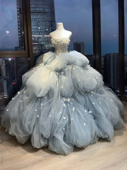 Strapless Dusty Blue Fairy Ball Gown 3D Floral Beaded Cloud Tulle Long Prom Dress  NV7024