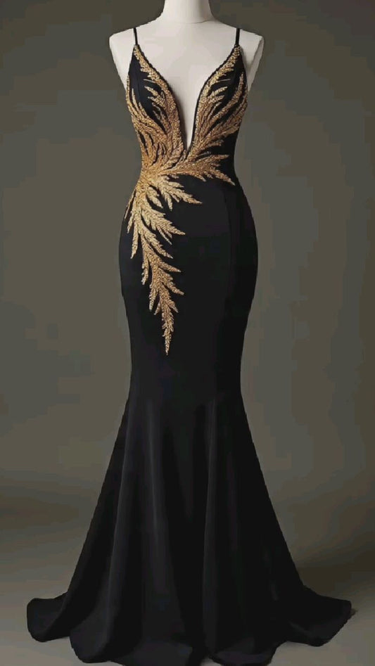 Robe de soirée longue en satin noir, élégante et ornée de perles raffinées. NiceVestidos - NV6145