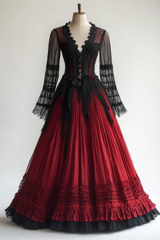 NiceVestidos-_Red Long-Sleeved Tulle Ball Gown  NV6054