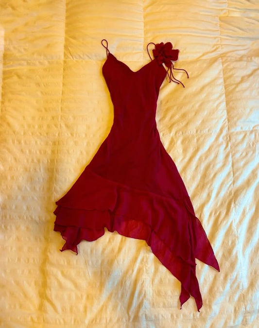 Red floral ruffle short chiffon homecoming dress birthday dress prom dress nv4505