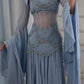 Robe de mariée féérique de style cour, bleu clair, ornée de perles, manches transparentes et traîne - Thème océan NV6382
