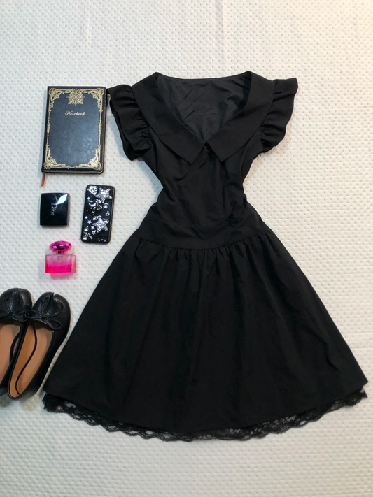 Black Short Homecoming Dress Lapel V Neck Flutter Sleeve A-Line Lace Hem Vintage Cocktail Gown  NV6920