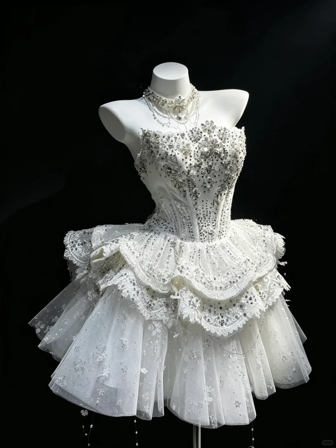 White High Neck Strapless Corset Evening Gown Rhinestone Beaded 2-in-1 Ruffle Tulle Mermaid Long Train Prom Dress  NV6997
