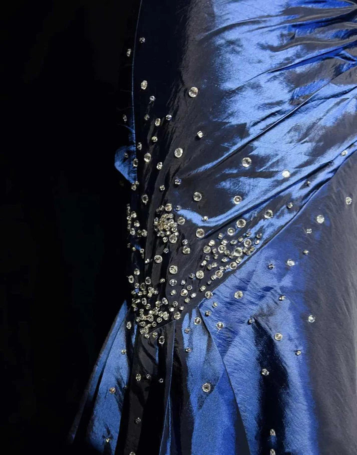 Navy Blue Gorgeous Vintage Exquisite Beading Long Sleeveless Mermaid Satin Long Ball Gown Evening Dress nv3572