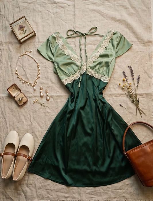 Two Tone Green Satin Short Homecoming Dress V Neck Flutter Sleeve White Lace Trim Vintage A-Line Cocktail Gown  NV6910