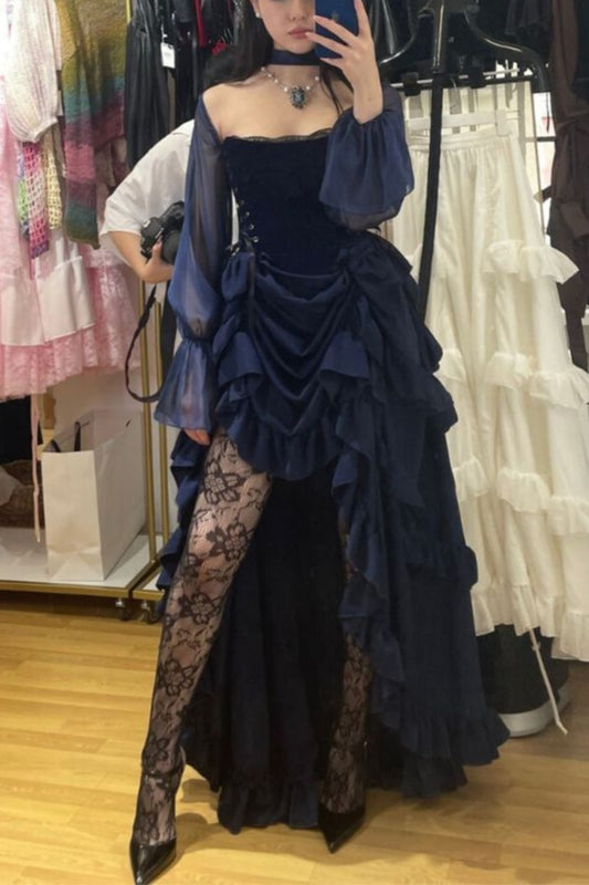 Robe de soirée asymétrique à volants superposés en velours bleu marine NiceVestidos NV6214