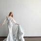 Silver Grey Off Shoulder Prom Gown Detachable Sheer Puff Sleeve Beaded Lace Mermaid Long Train Evening Dress  NV7160