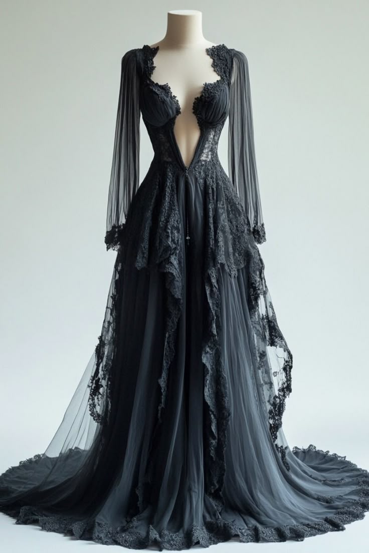 Robe longue en dentelle noire et tulle, manches longues, décolleté plongeant en V, style gothique sombre, traîne à volants, NV6257