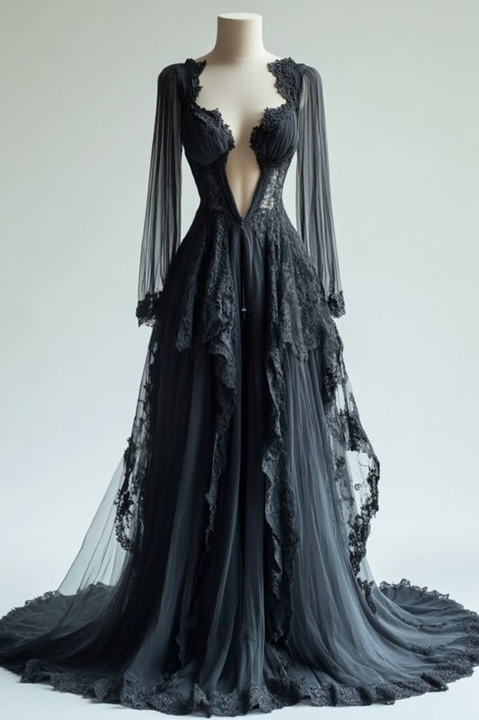 Robe longue en dentelle noire et tulle, manches longues, décolleté plongeant en V, style gothique sombre, traîne à volants, NV6257