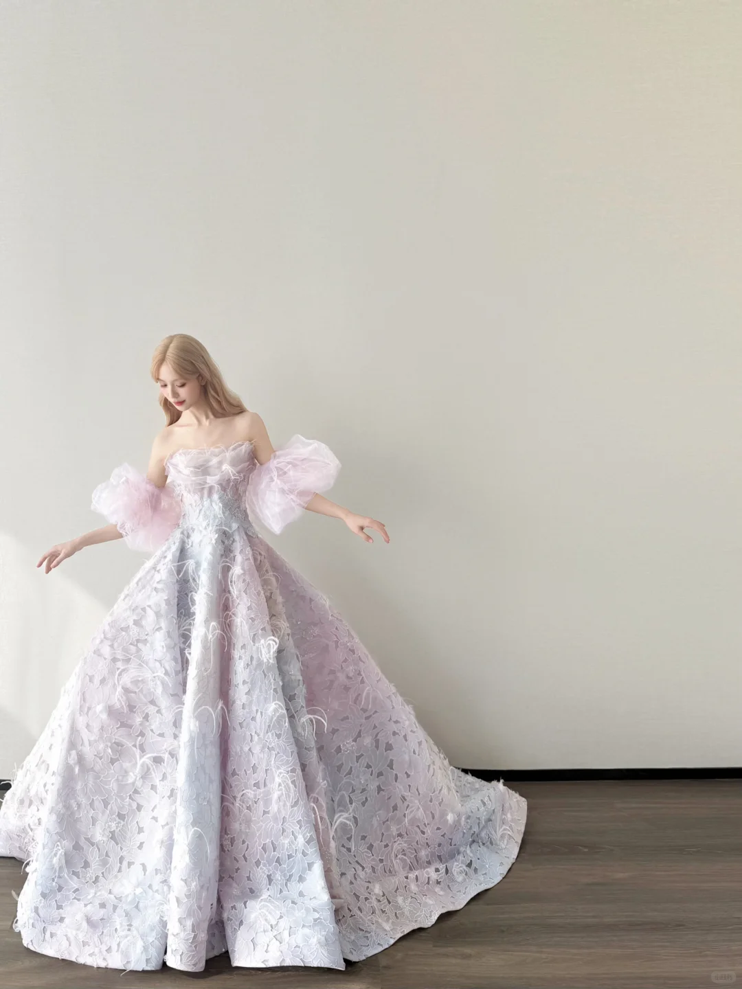 Pink Purple Ombre Off Shoulder Prom Gown Detachable Puff Sleeve 3D Floral Lace A Line Evening Dress  NV7158