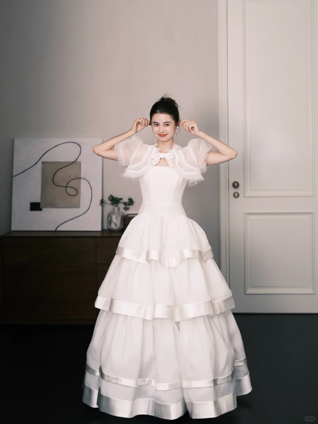 Square Neck Tiered Tulle Wedding Dress with Detachable Puff Sleeves  NV7379