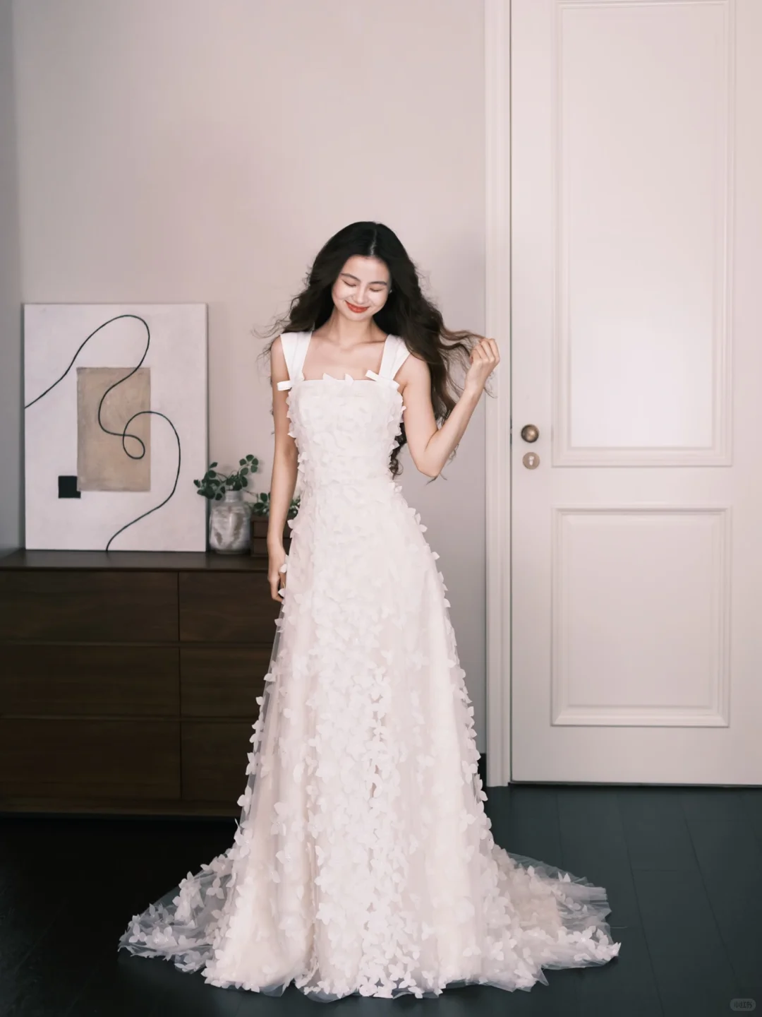 3D Floral Tulle Wedding Dress Square Neck Wide Strap  NV7316