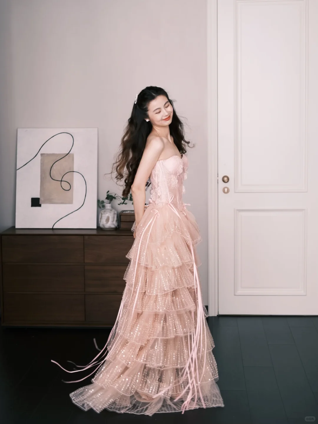 Blush Pink Tiered Sequin Tulle Prom Dress, Strapless Corset Evening Gown  NV7283