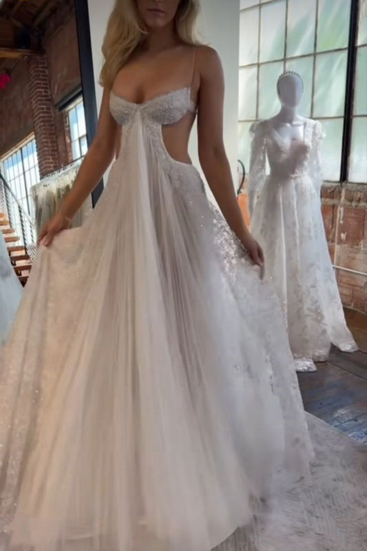 NiceVestidos--White Tulle Exquisite Sparkling Long Prom Dress Ball Gown Wedding Dress NV5842