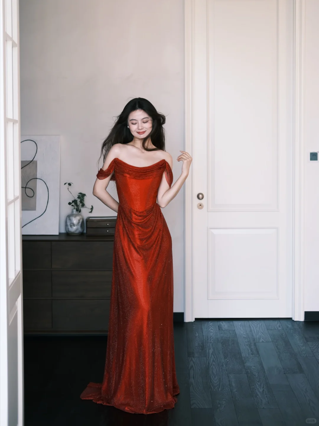 Off Shoulder Red Glitter Prom Dress, Draped Evening Gown  NV7342